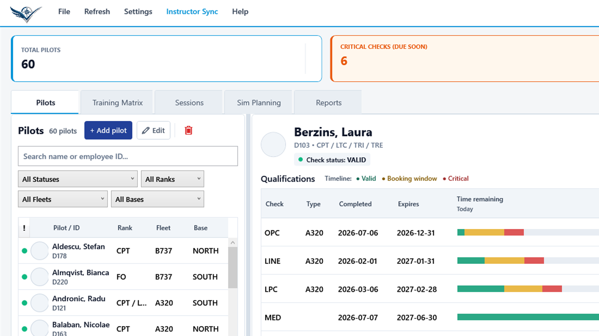 Pilots roster and selected synthetic pilot record in Validus Aero