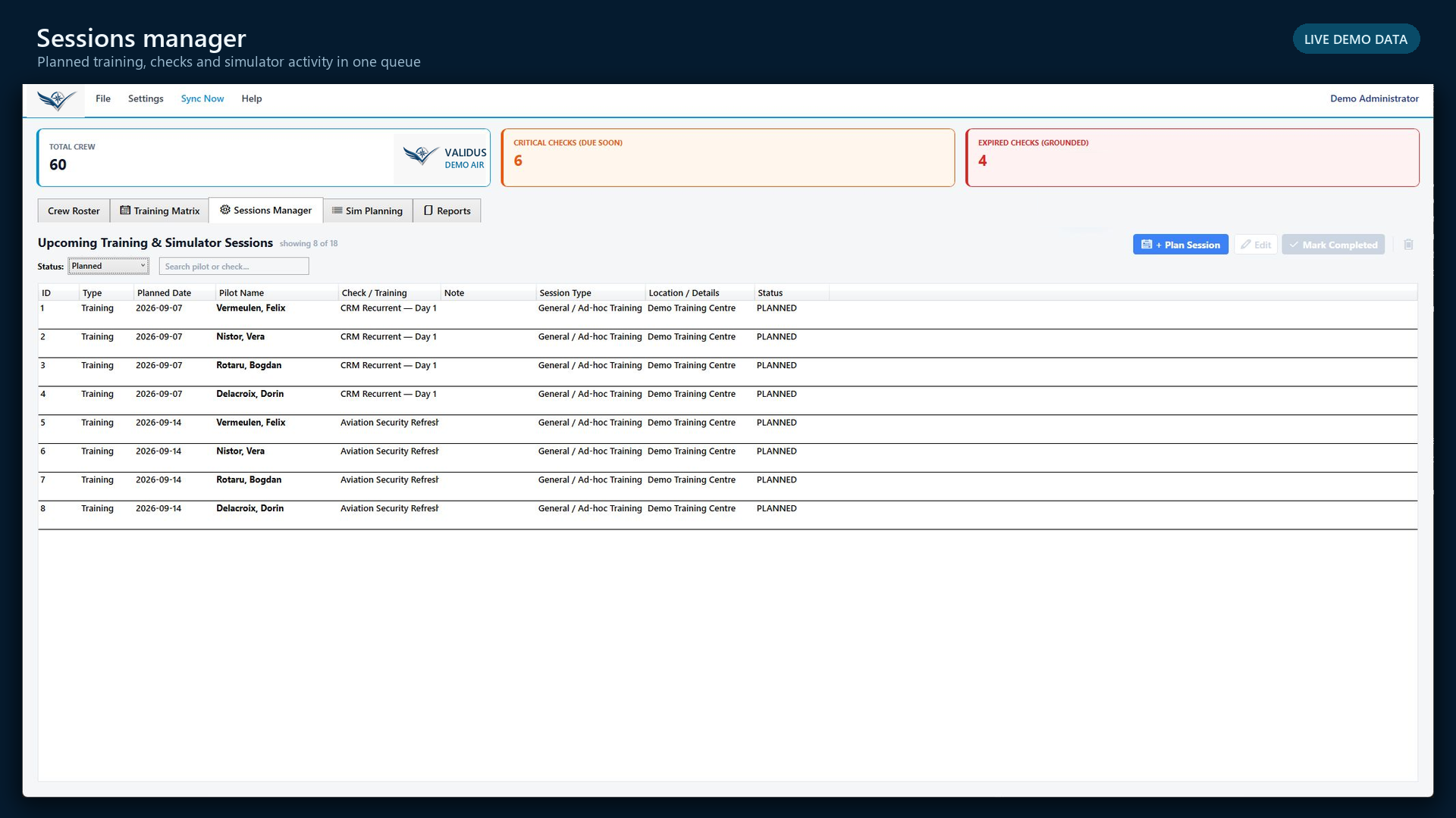 Validus Aero sessions manager using synthetic demo data