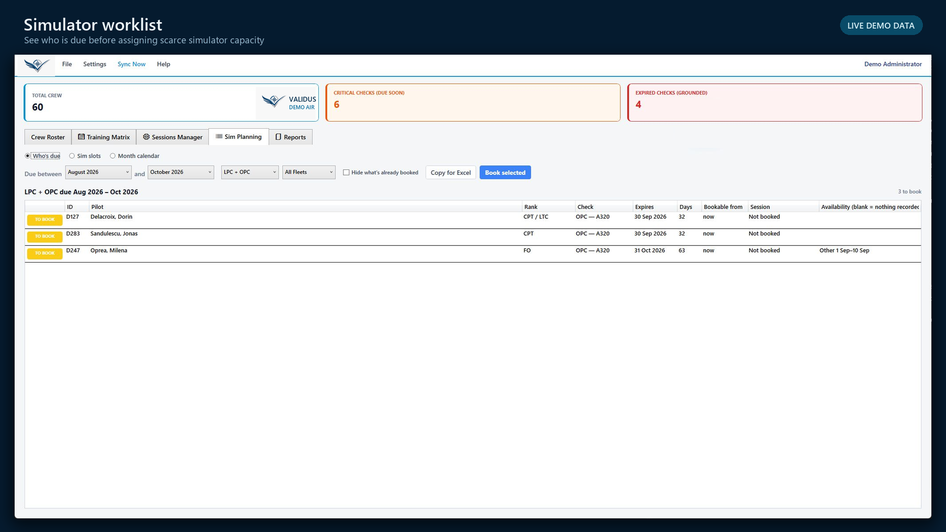 Simulator planning worklist with synthetic crew and qualifications