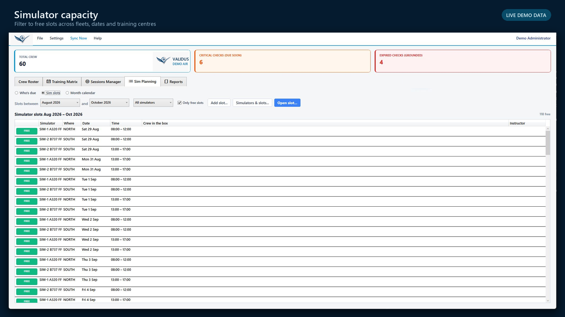 Validus Aero simulator capacity list using synthetic demo data