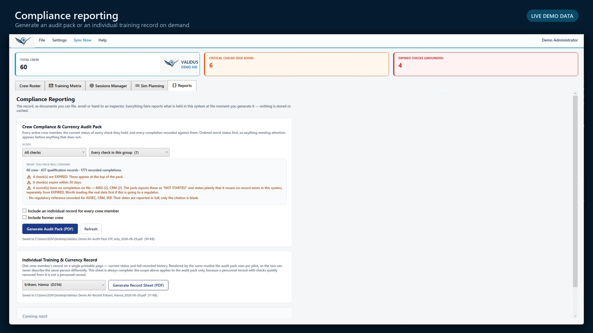 Validus Aero compliance reporting module using synthetic demo data
