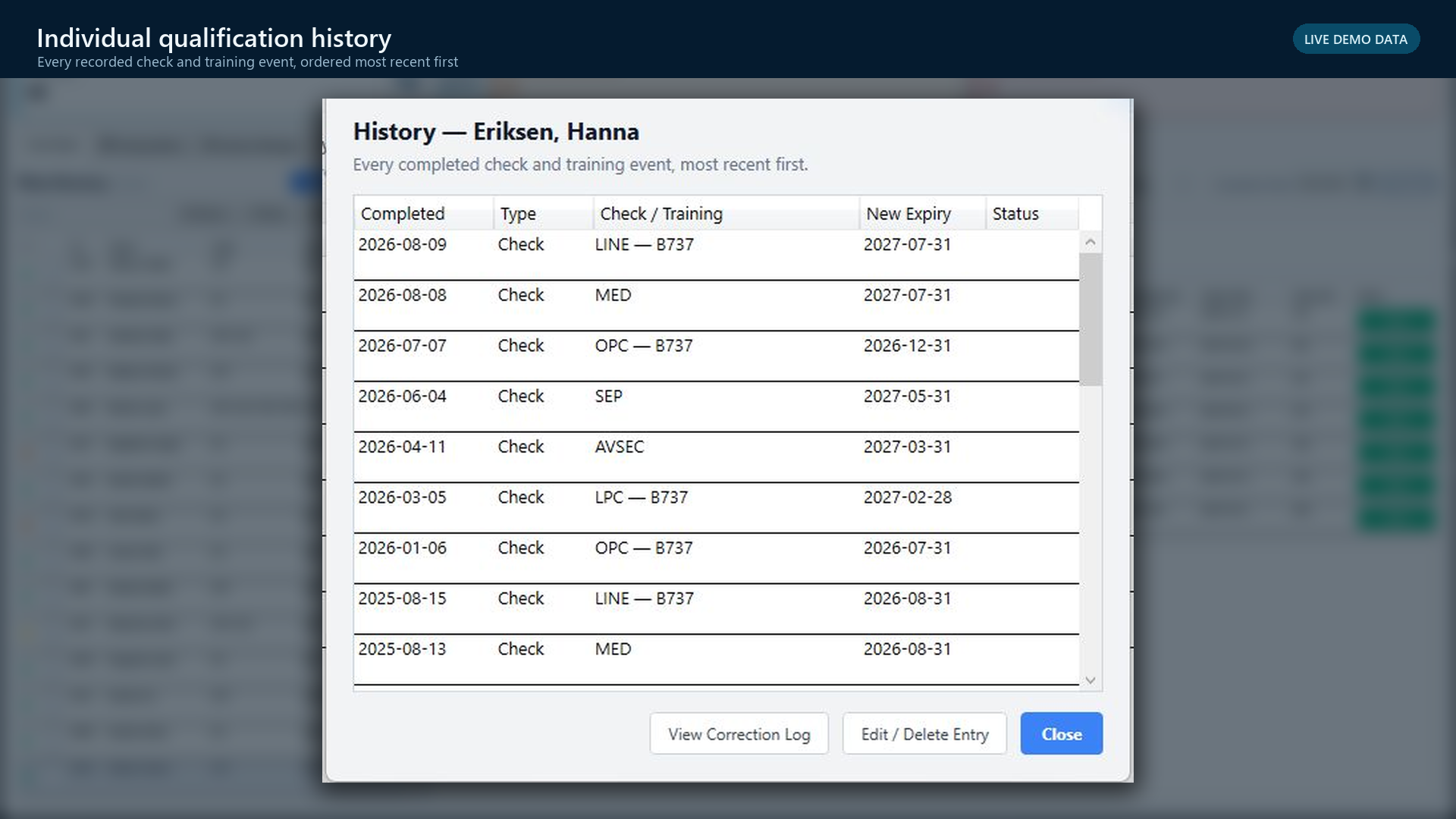 Validus Aero individual qualification history using synthetic demo data