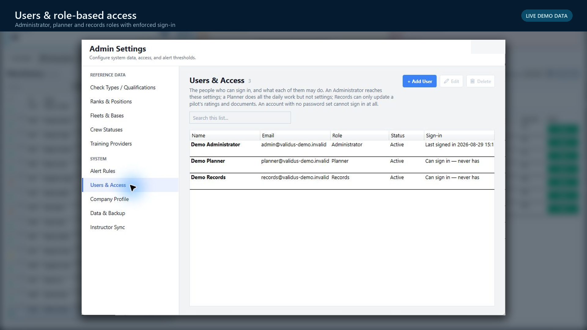 Validus Aero users and role-based access screen using synthetic demo identities